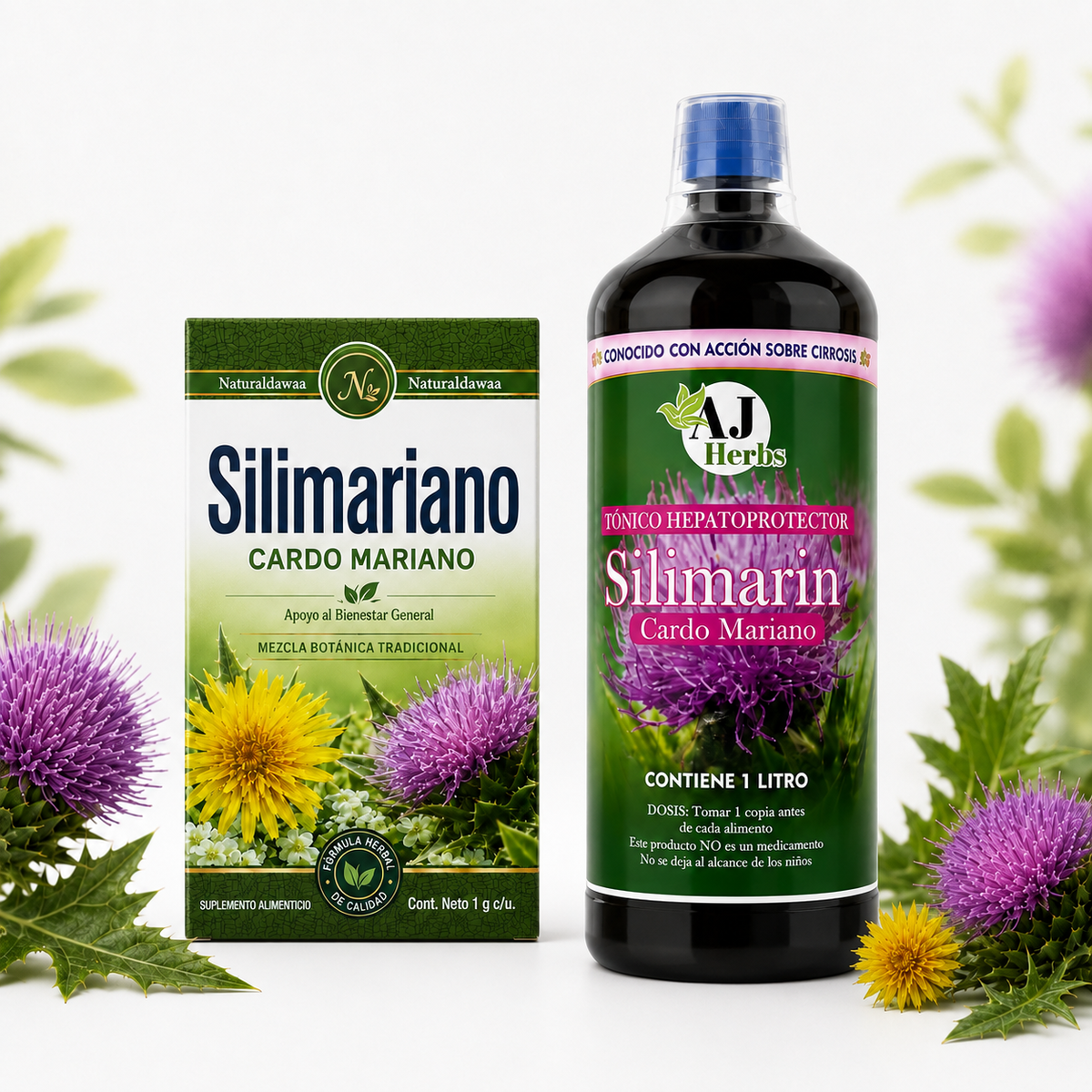 Combo Offer! Silimariano Silymarin & Milk Thistle Combo – Naturaldawaa Botanical Supplement + AJ Herbs Cardo Mariano Liquid Tonic, 1 Liter