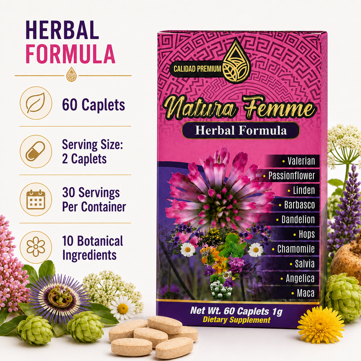Natura Femme Herbal Formula Dietary Supplement – 60 Caplets, 1 g – 10-Botanical Blend with Valerian, Passionflower, Chamomile, Maca & Angelica