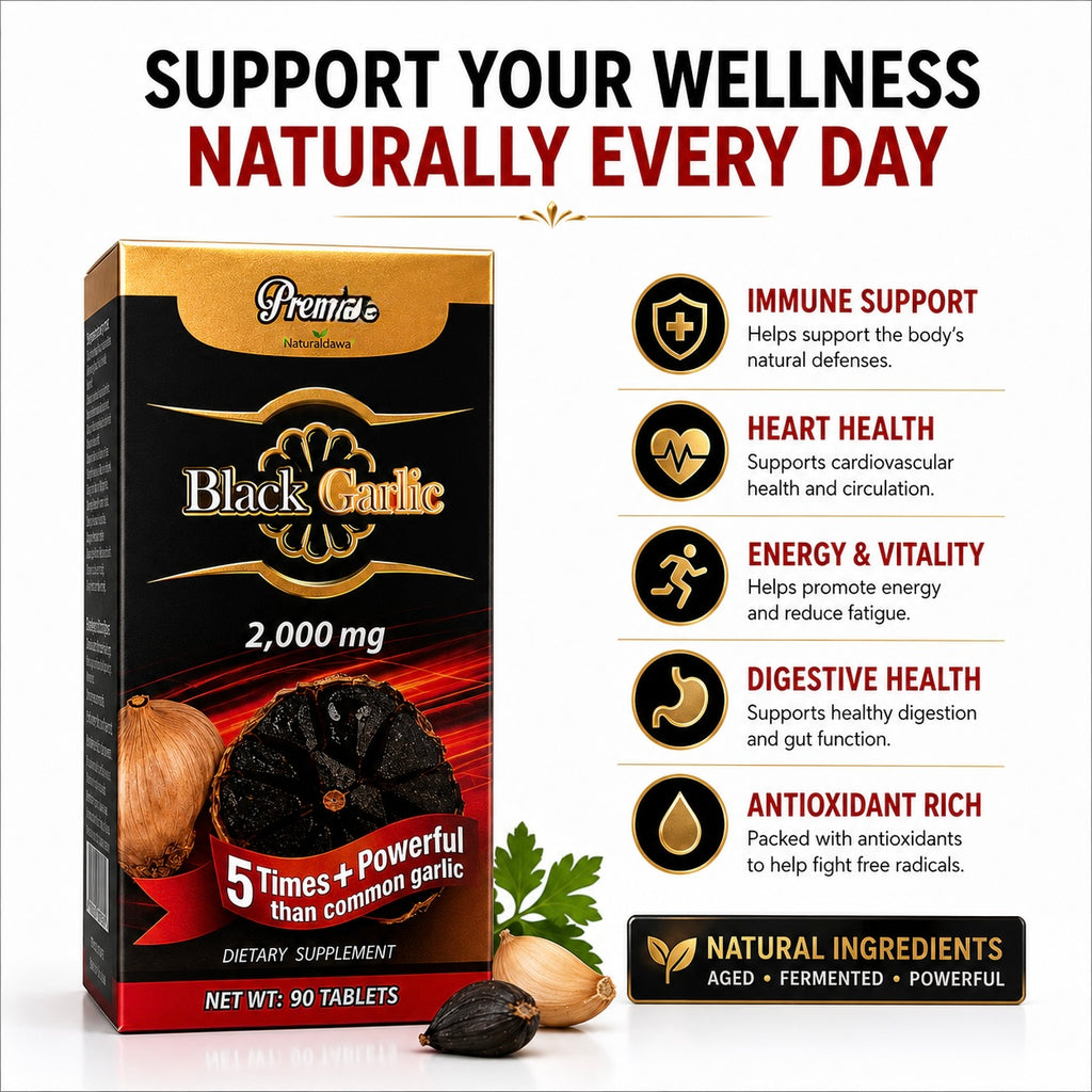 Premano Black Garlic Dietary Supplement, Concentrated 2,000 mg Formula, Daily Wellness Support, 90 Tablets