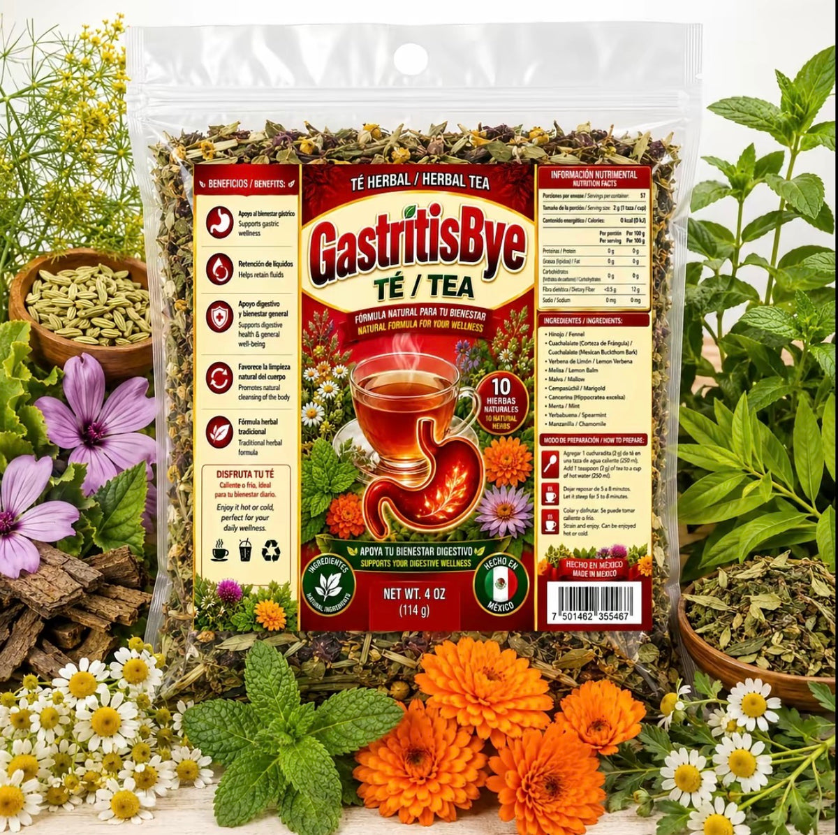 GastritisBye Herbal Tea – Traditional 10-Herb Loose-Leaf Blend with Fennel, Cuachalalate, Lemon Verbena, Mallow, Mint & Chamomile, 4 oz