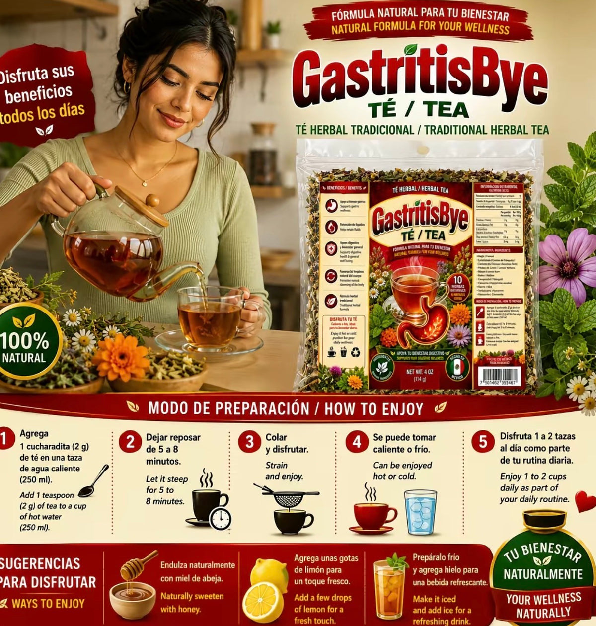 GastritisBye Herbal Tea – Traditional 10-Herb Loose-Leaf Blend with Fennel, Cuachalalate, Lemon Verbena, Mallow, Mint & Chamomile, 4 oz