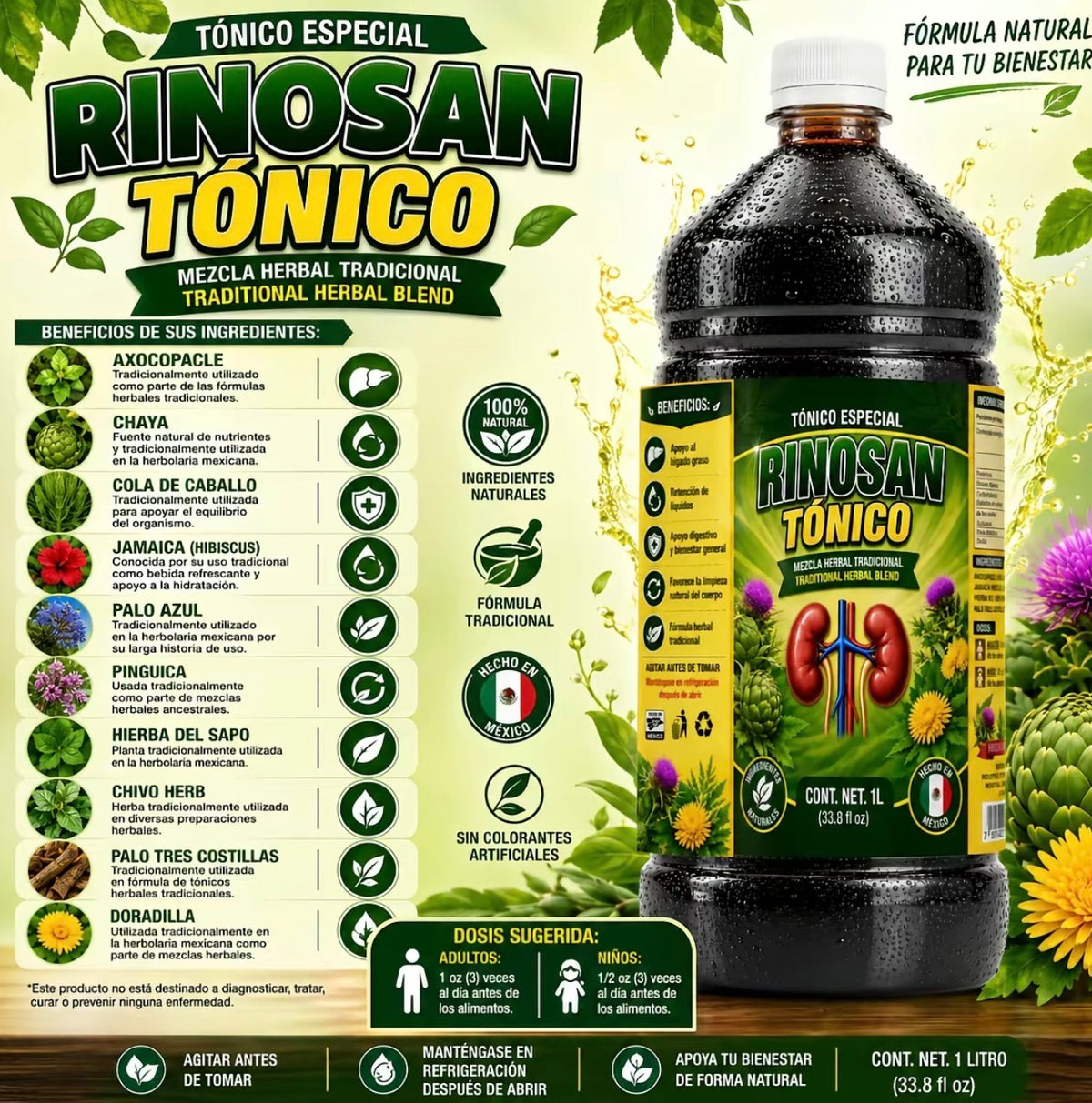 Rinosan Tónico Especial – Traditional Herbal Blend Made with Natural Botanical Ingredients, Made in Mexico, 1 Liter (33.8 fl oz)