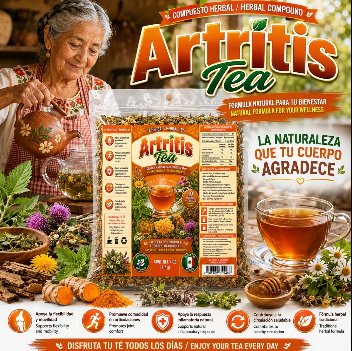 Artritis Herbal Tea – 10-Ingredient Loose-Leaf Blend with Quina Bark, Horsetail, Nettle, Horehound, Dandelion, Turmeric & Bee Ingredient, 4 oz
