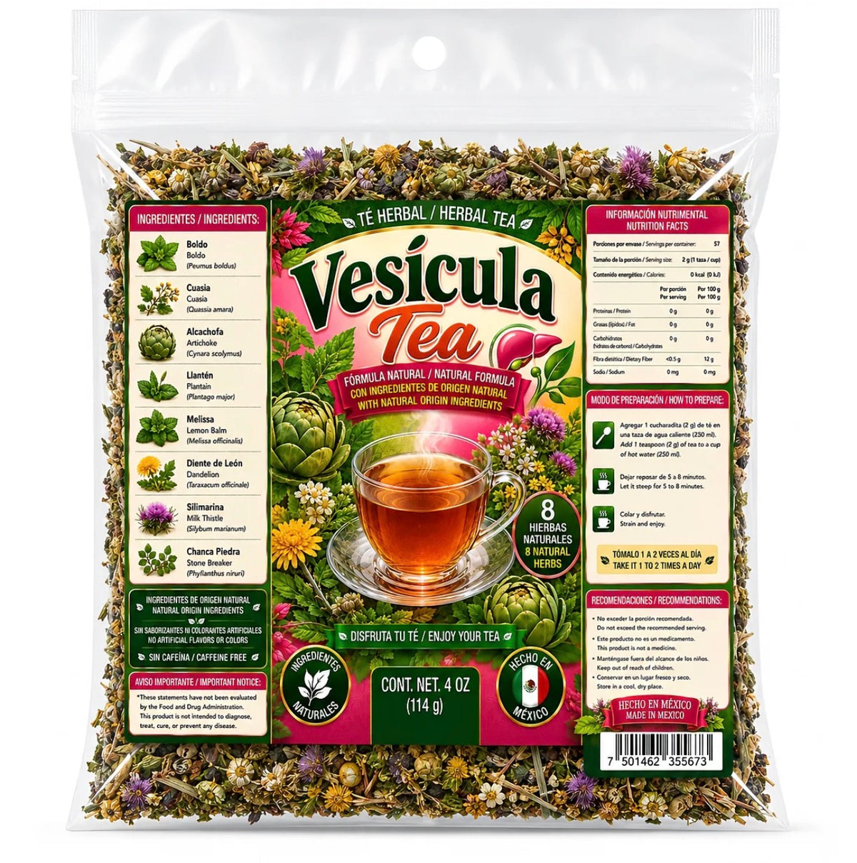 Vesicula Herbal Tea – Caffeine-Free 8-Herb Loose-Leaf Blend with Boldo, Quassia, Artichoke, Plantain, Dandelion, Milk Thistle & Chanca Piedra, 4 oz