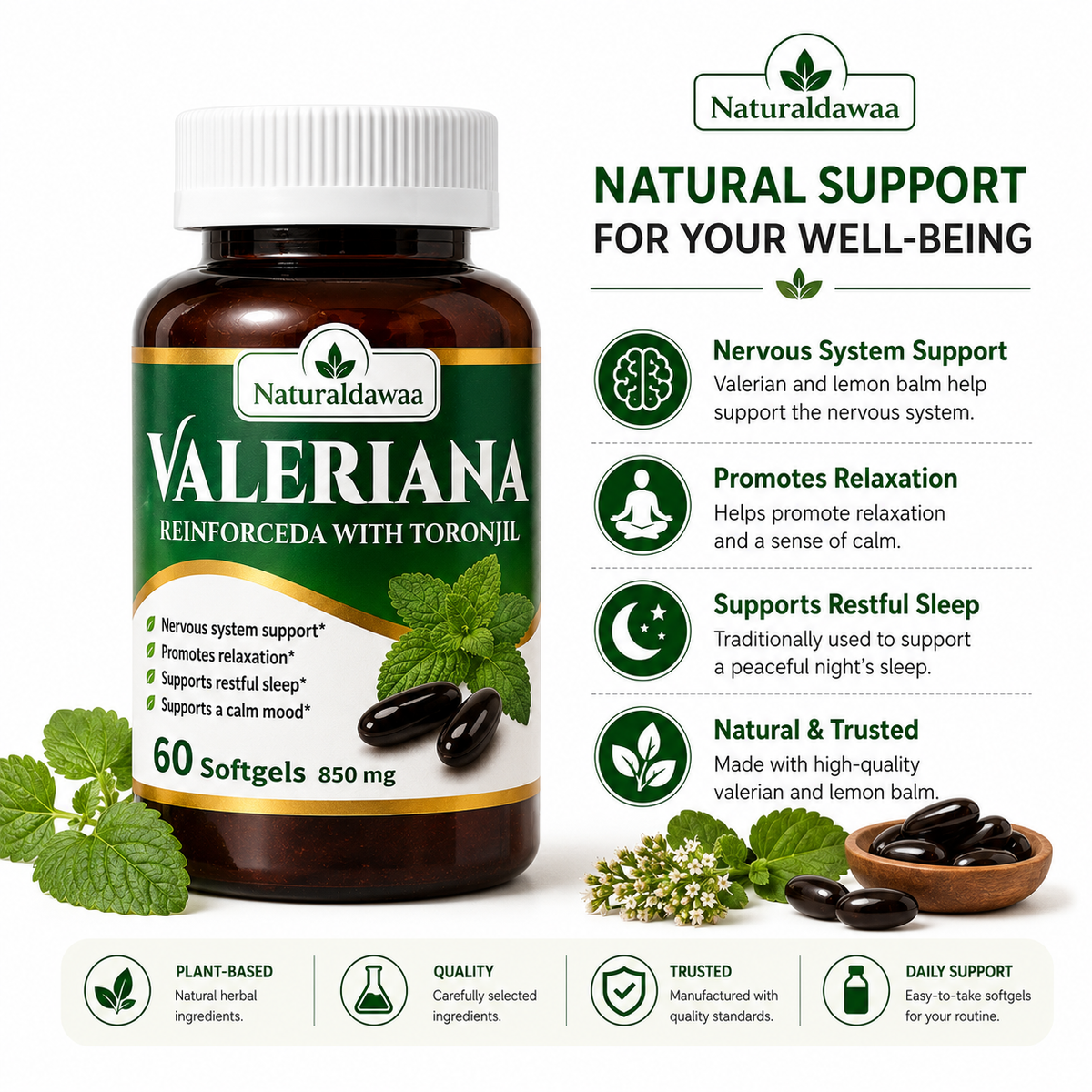 Valerian Root with Lemon Balm Supplement, Relaxation and Restful Sleep Support, Plant-Based Formula, 60 Softgels, 850 mg