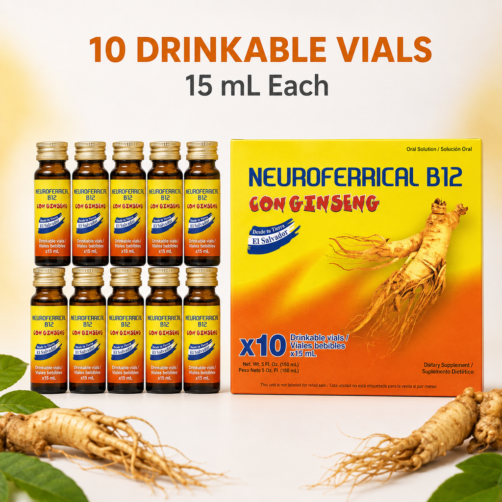Neuroferrical B12 con Ginseng Oral Dietary Supplement – 10 Drinkable Vials, 15 mL Each, 150 mL Total