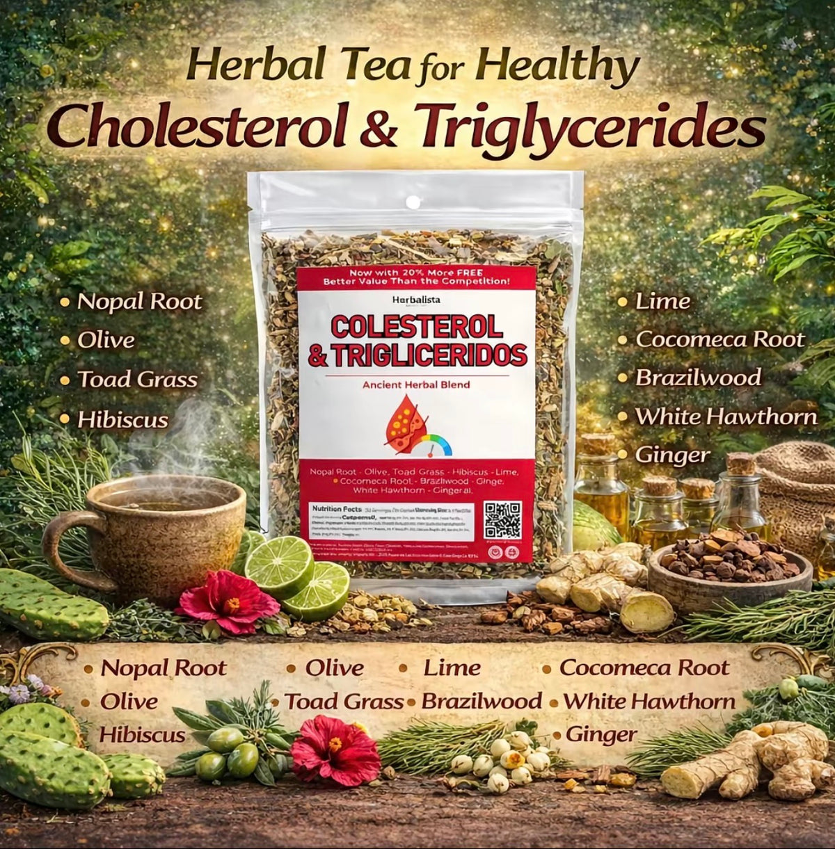 Herbalista Colesterol & Triglicéridos Ancient Herbal Blend – Nopal Root, Hibiscus, Ginger, Horsetail & More, Extra Jumbo 5 oz