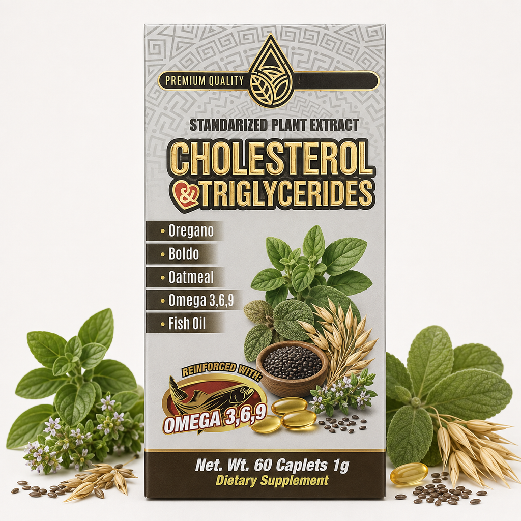 Cholesterol & Triglycerides Standardized Plant Extract Dietary Supplement – 60 Caplets, 1 g – Oregano, Boldo, Oatmeal, Omega 3-6-9 & Fish Oil