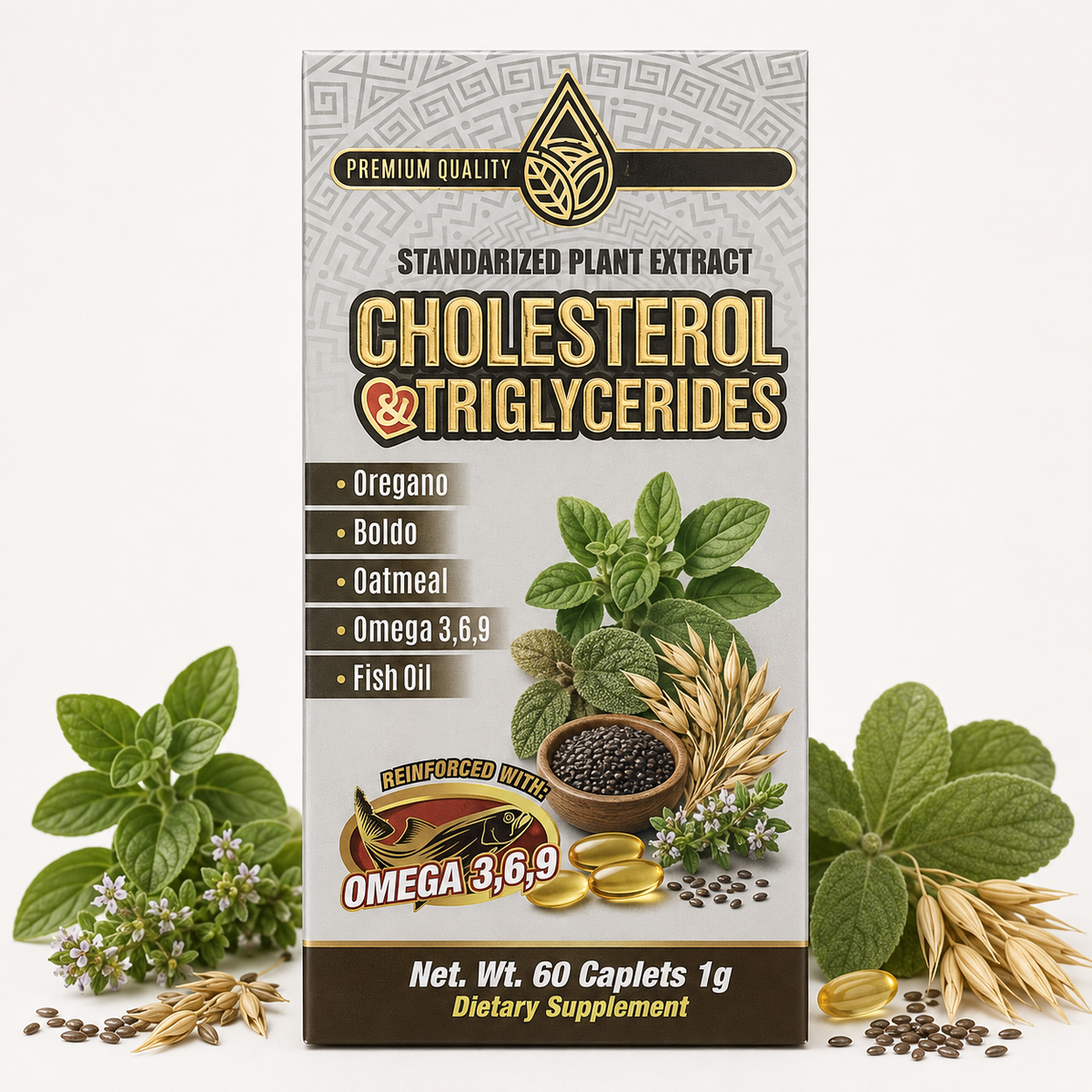 Cholesterol & Triglycerides Standardized Plant Extract Dietary Supplement – 60 Caplets, 1 g – Oregano, Boldo, Oatmeal, Omega 3-6-9 & Fish Oil