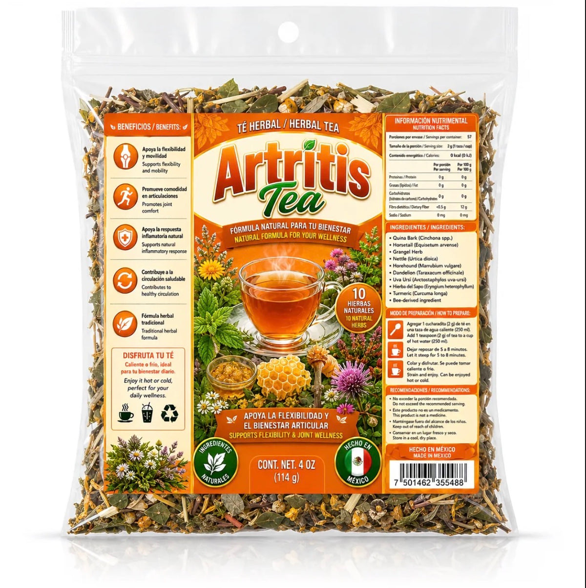 Artritis Herbal Tea – 10-Ingredient Loose-Leaf Blend with Quina Bark, Horsetail, Nettle, Horehound, Dandelion, Turmeric & Bee Ingredient, 4 oz