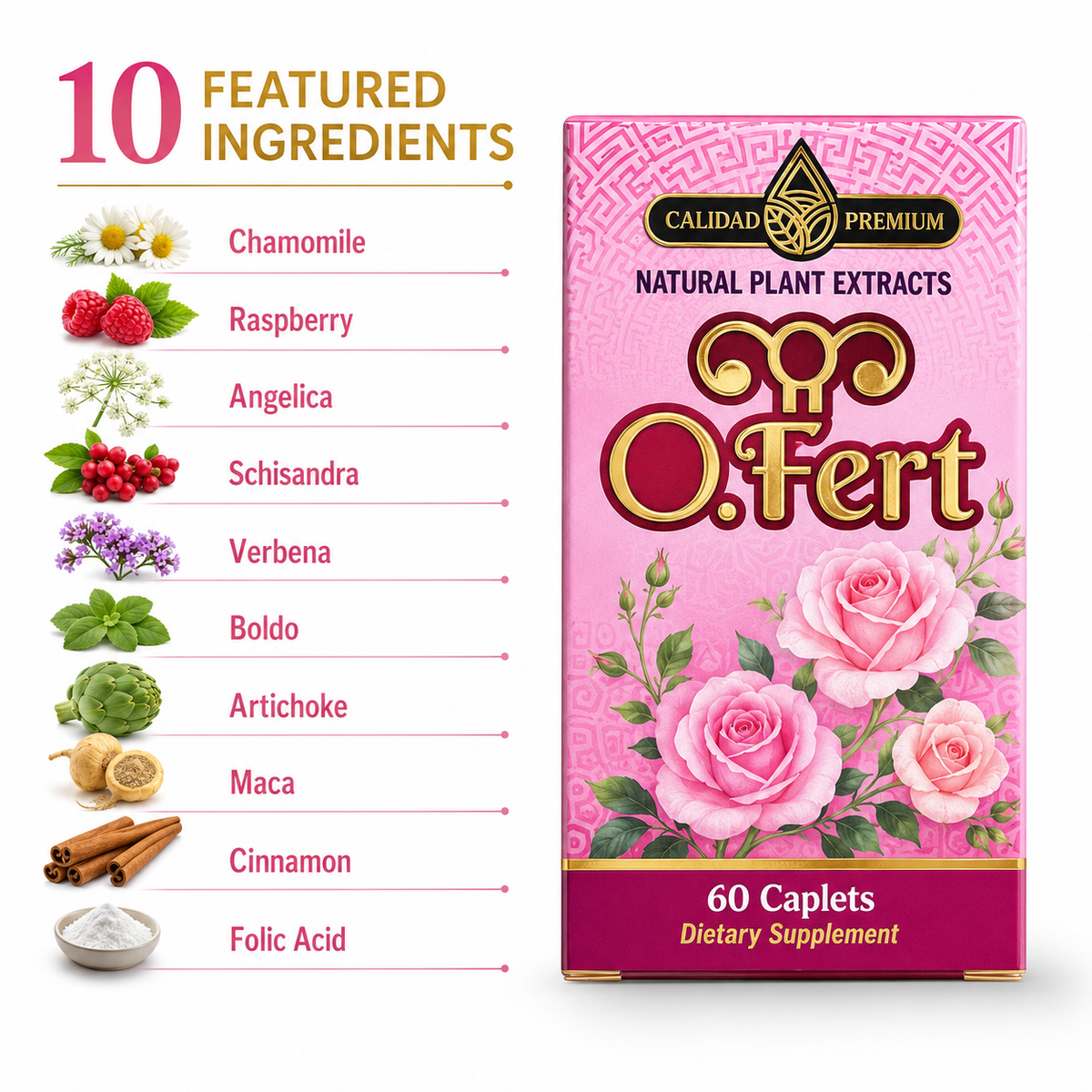 O.Fert Natural Plant Extract Dietary Supplement – 60 Caplets, 1 g – Chamomile, Raspberry, Angelica, Schisandra, Maca & Folic Acid