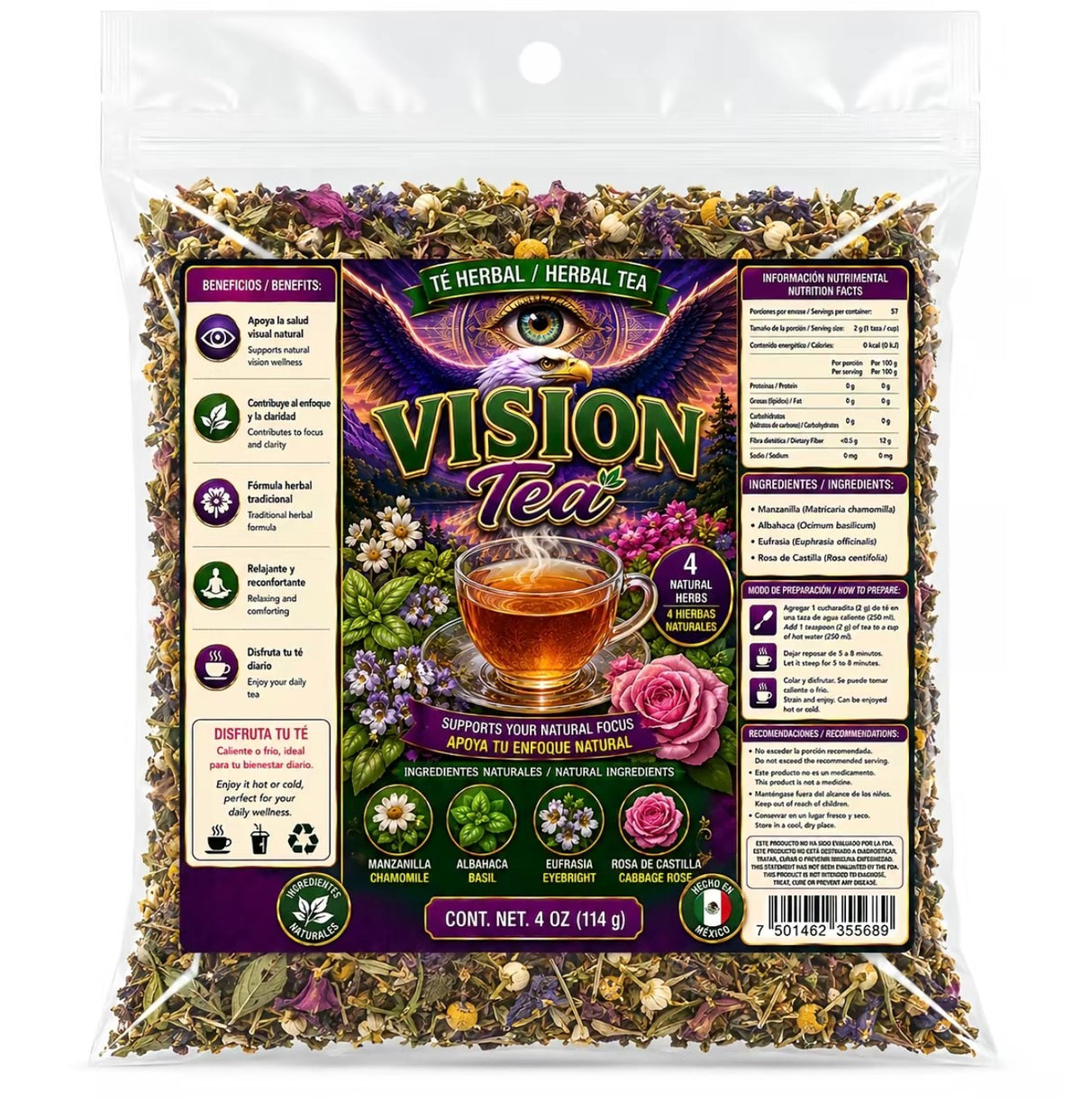 Vision Tea Herbal Tea – Traditional Blend with Chamomile, Basil, Eyebright & Cabbage Rose, Natural Loose-Leaf Herbal Infusion, 4 oz (114 g), Made in Mexico