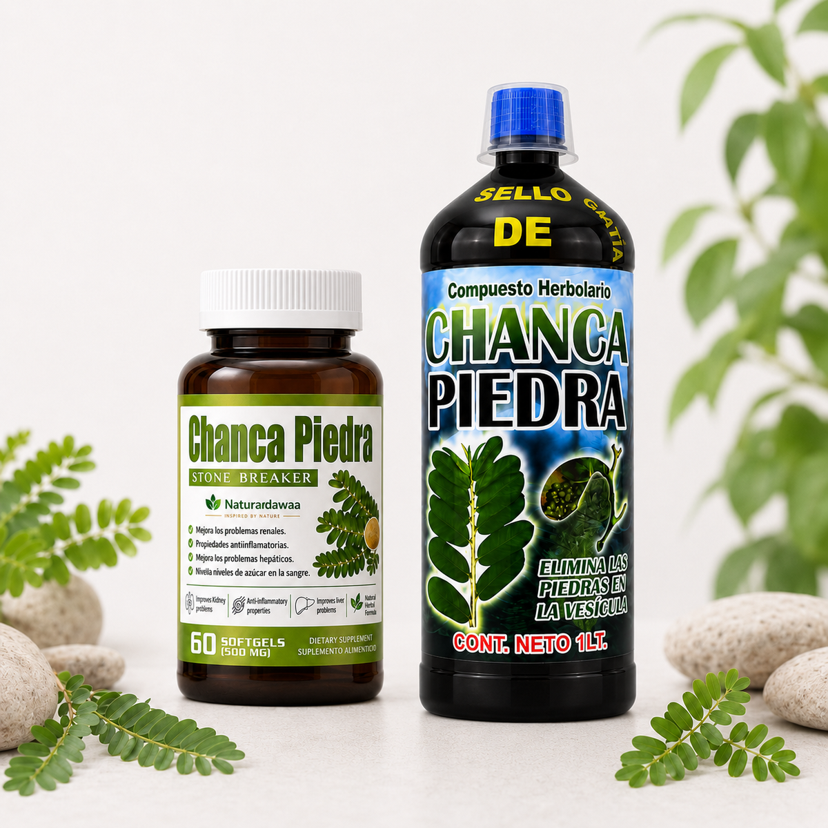Combo Offer! Chanca Piedra Herbal Supplement Combo – Naturaldawaa Stone Breaker 60 Softgels 500 mg + Liquid Herbal Compound, 1 Liter