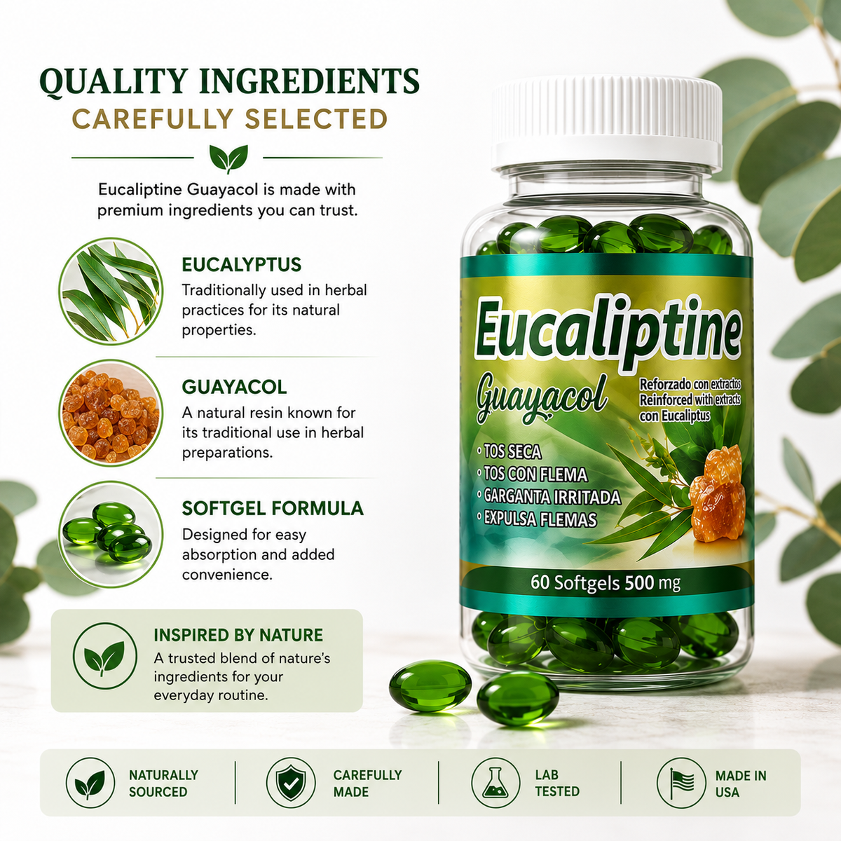 Eucaliptine Guaiacol with Eucalyptus Extracts, Herbal Respiratory Wellness Formula, 60 Softgels, 500 mg Each