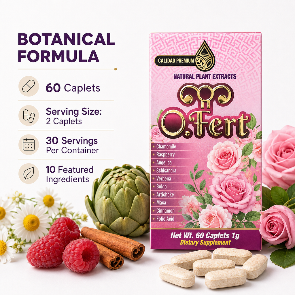O.Fert Natural Plant Extract Dietary Supplement – 60 Caplets, 1 g – Chamomile, Raspberry, Angelica, Schisandra, Maca & Folic Acid
