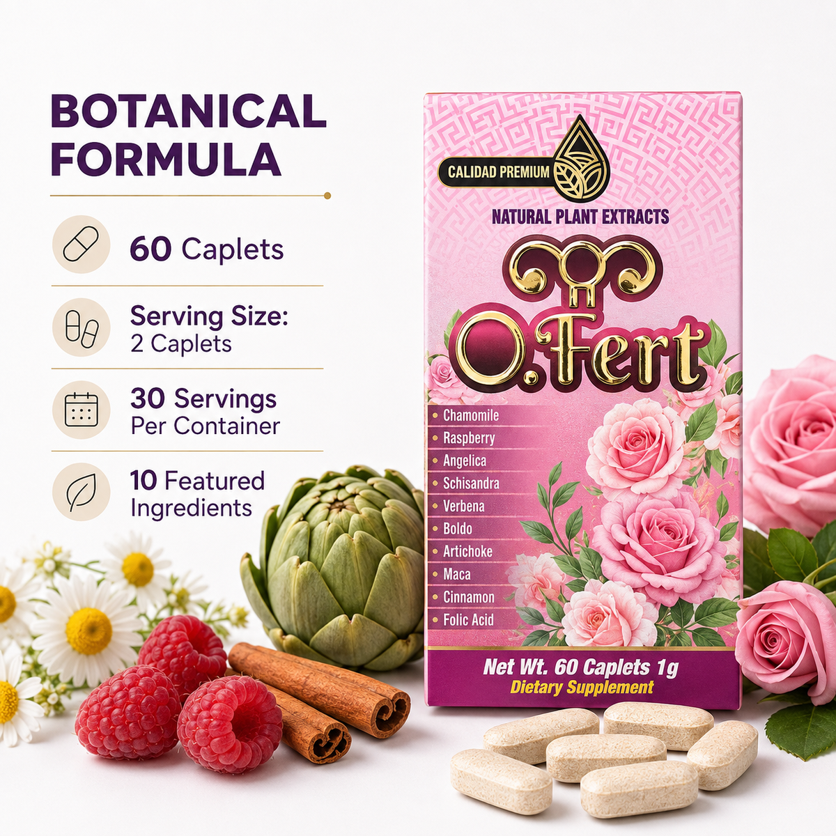 O.Fert Natural Plant Extract Dietary Supplement – 60 Caplets, 1 g – Chamomile, Raspberry, Angelica, Schisandra, Maca & Folic Acid