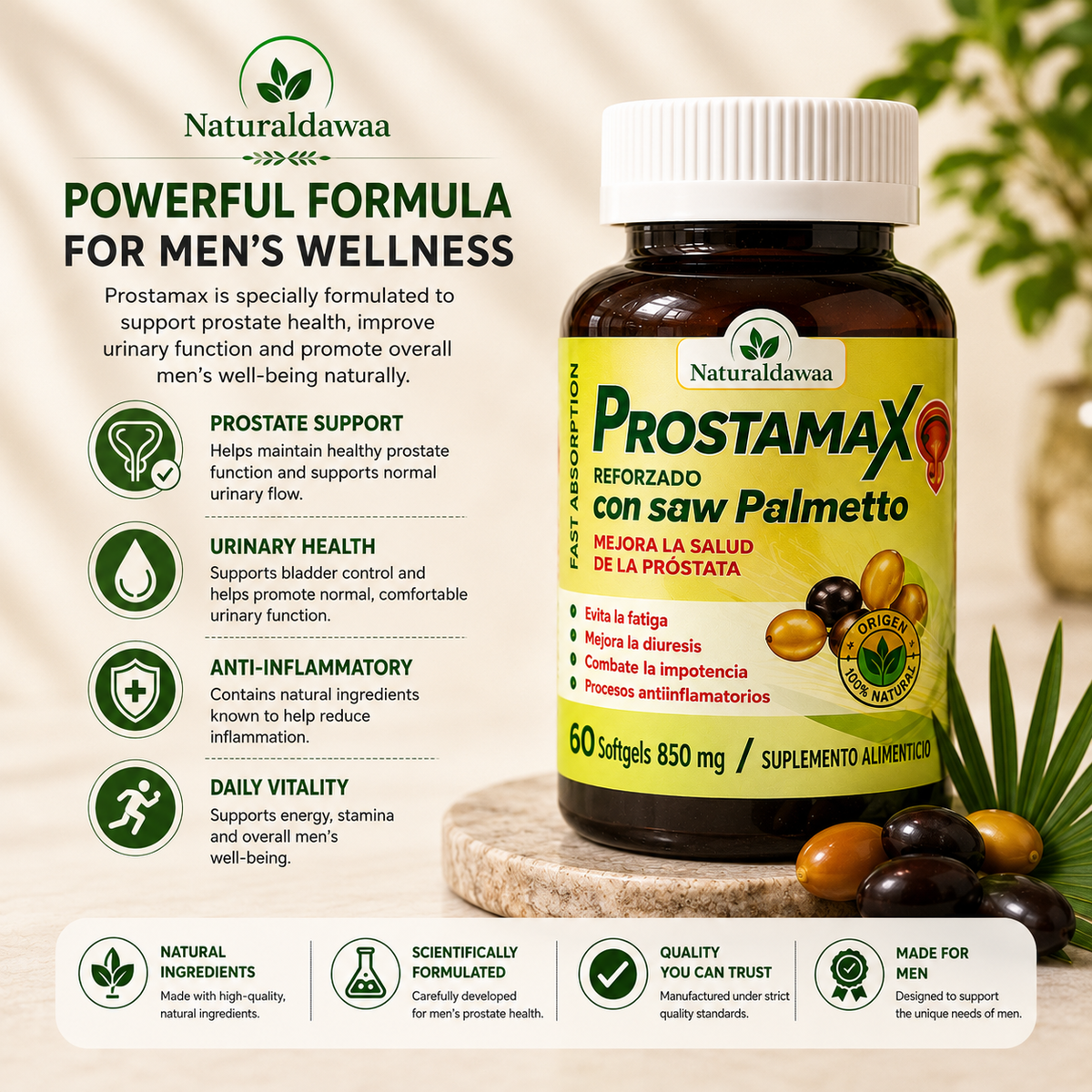 ProstaMax Men’s Wellness Supplement with Saw Palmetto, Daily Prostate and Urinary Function Support, 60 Softgels, 850 mg