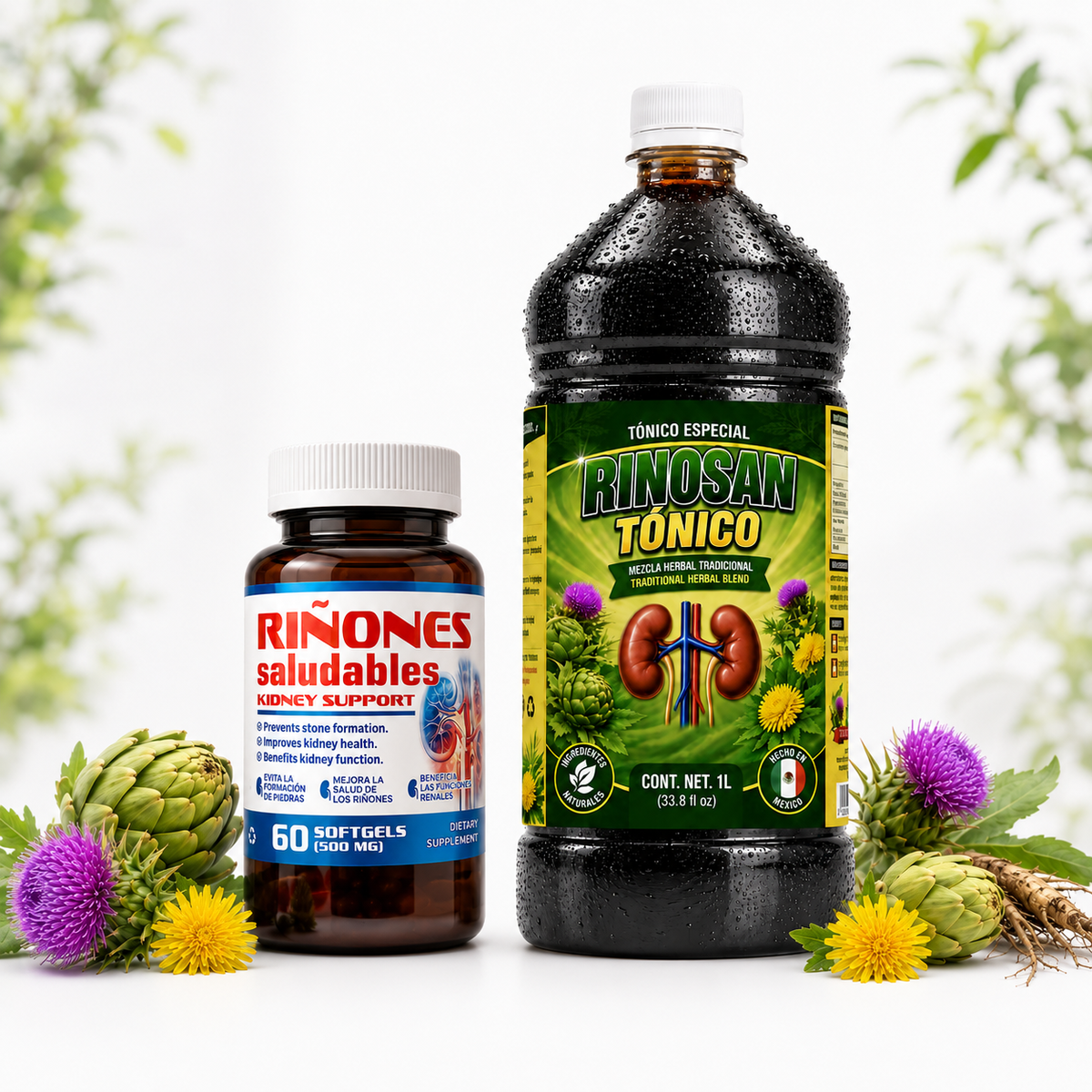 Combo Offer! Riñones Saludables + Rinosan Tónico Herbal Combo – 60 Softgels 500 mg and 1 Liter Traditional Botanical Blend