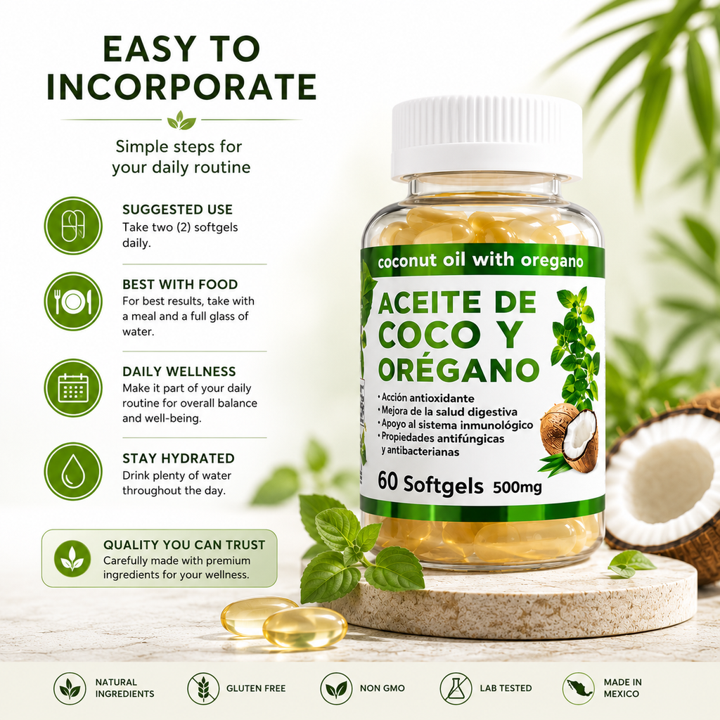 Coconut Oil with Oregano Dietary Supplement, Plant-Based Antioxidant, Digestive and Immune Wellness Support, 60 Softgels, 500 mg Each
