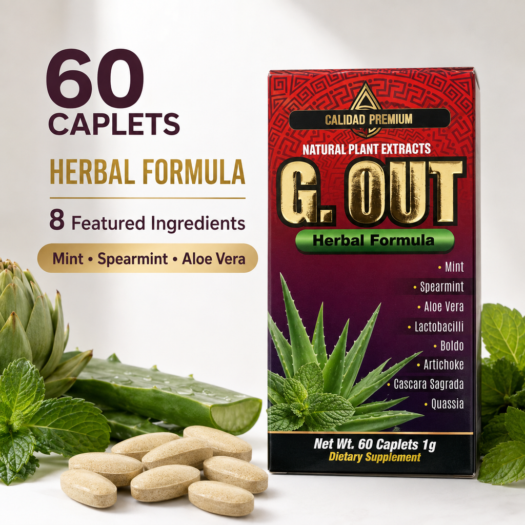 G. OUT Herbal Formula Natural Plant Extract Dietary Supplement – 60 Caplets, 1 g – Mint, Aloe Vera, Artichoke, Boldo & Lactobacilli