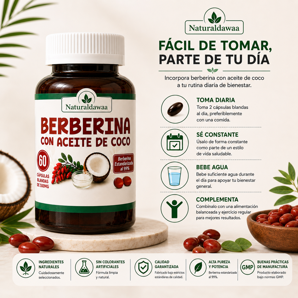 Berberine with Coconut Oil, 99% Standardized Berberine Dietary Supplement, 60 Softgels, 500 mg Each