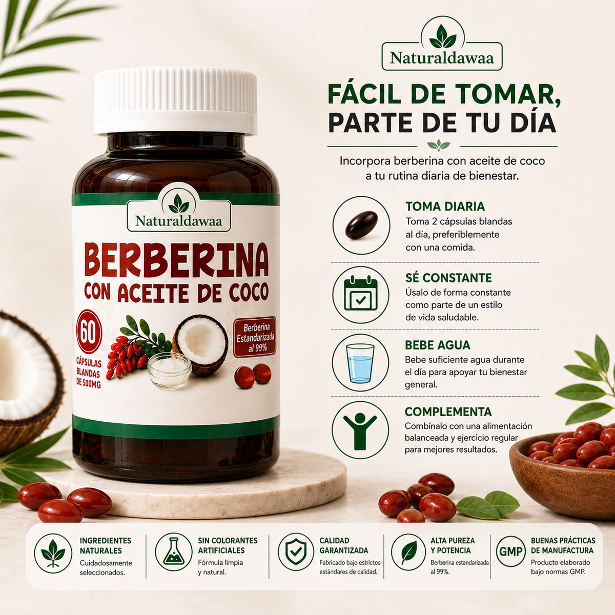 Berberine with Coconut Oil, 99% Standardized Berberine Dietary Supplement, 60 Softgels, 500 mg Each
