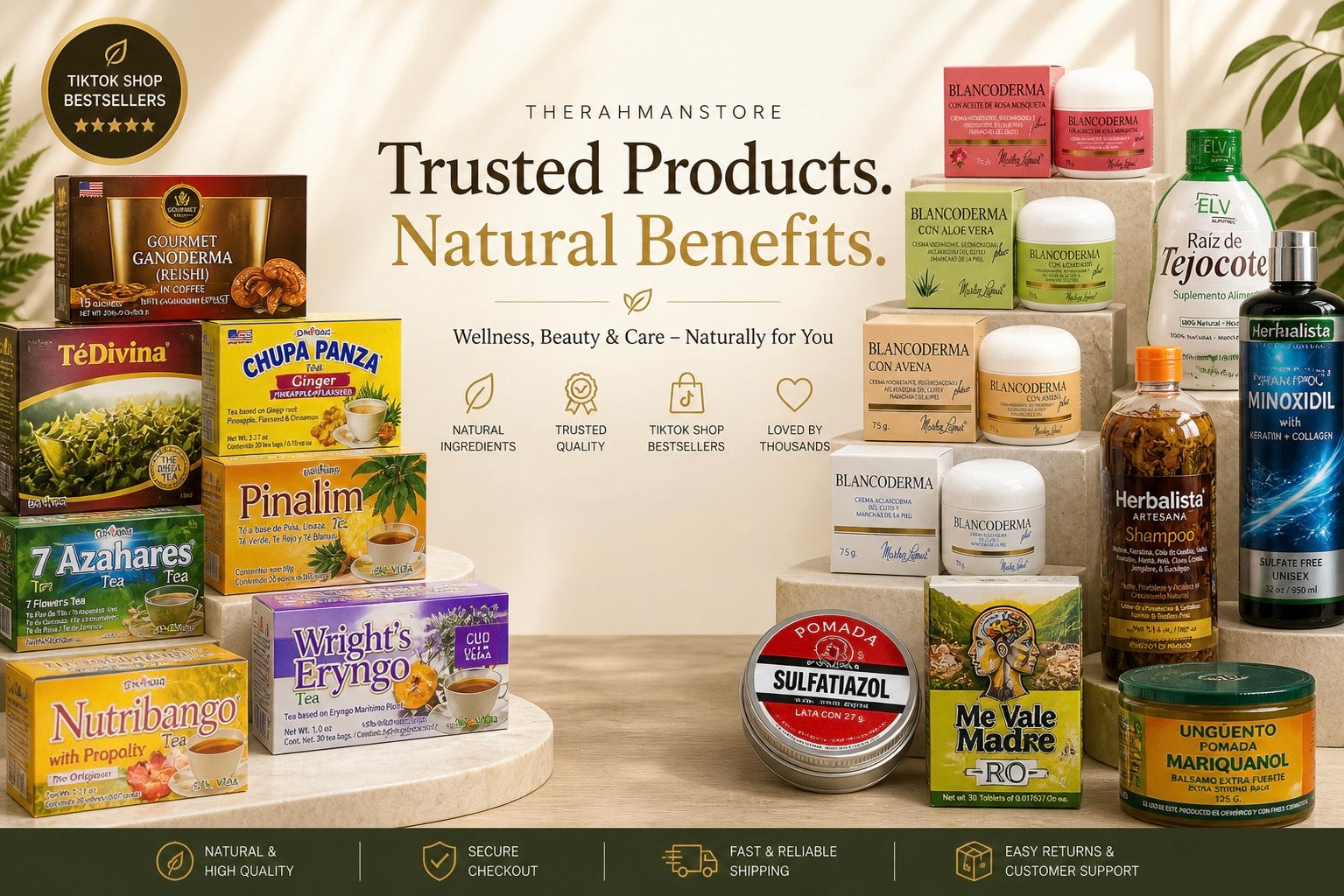 Display of various health and wellness products with branding and text on a neutral background.